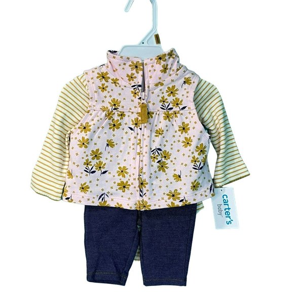 Carter's Other - Carter's Baby New Born 3 Piece Outfit Set Pants, Zip Up Vest, Bodysuit Floral